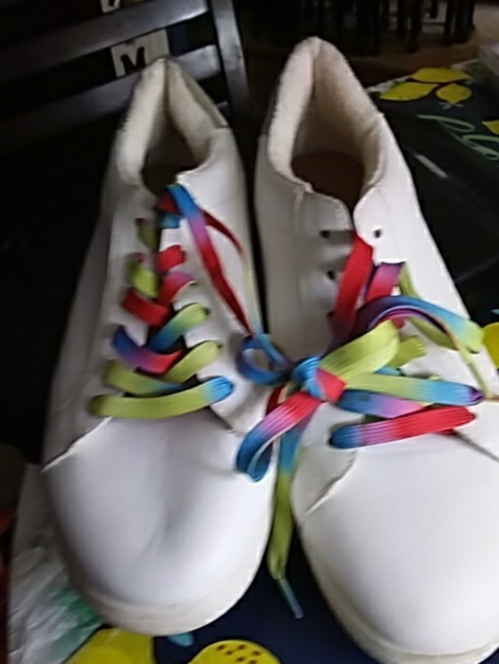 White Women's Casual Sneakers with Multicolor Rainbow Laces